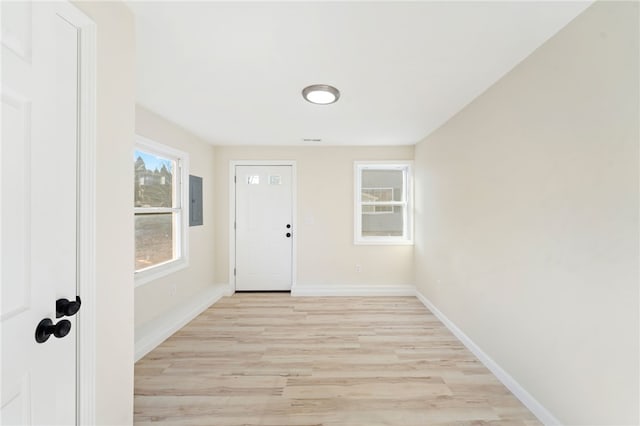 foyer featuring light hardwood / wood-style floors and electric panel