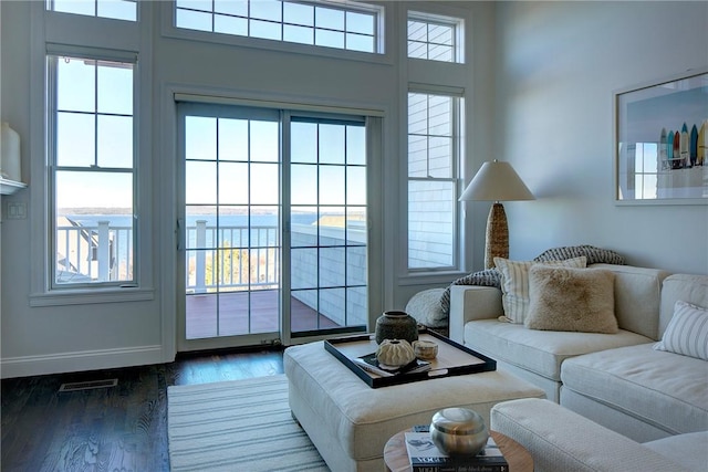 living room featuring a wealth of natural light and dark wood-type flooring