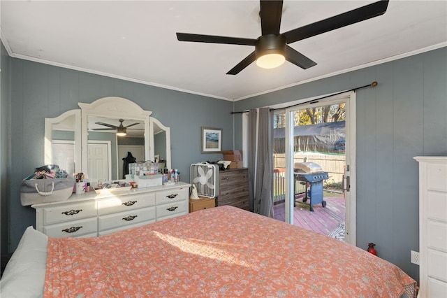 bedroom featuring access to exterior, crown molding, and ceiling fan