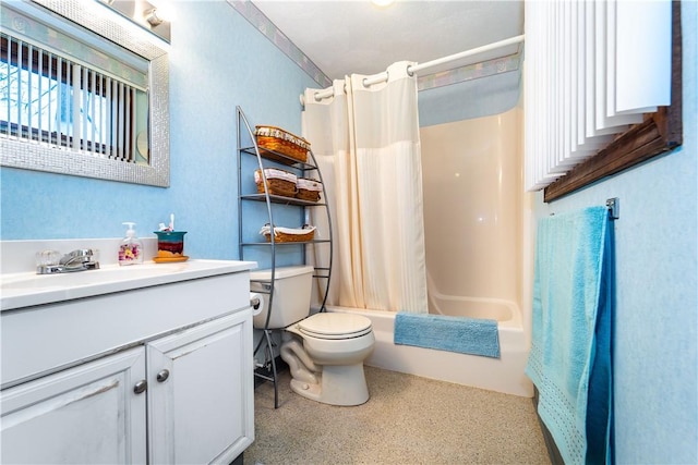 full bathroom with vanity, shower / bath combination with curtain, and toilet