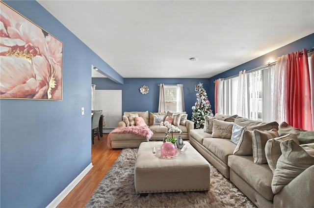 living room featuring hardwood / wood-style floors and a baseboard heating unit