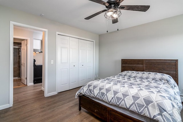 bedroom featuring hardwood / wood-style flooring, a closet, and ceiling fan