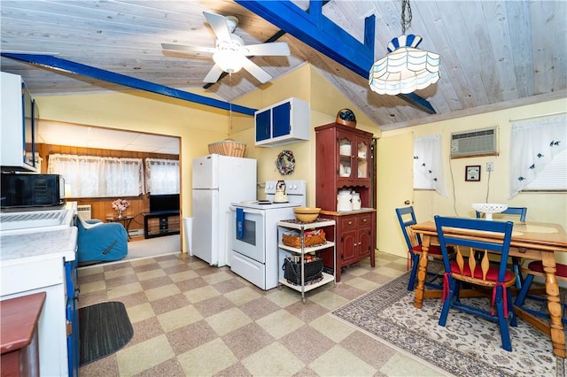 kitchen with pendant lighting, white appliances, a wall unit AC, and wooden ceiling