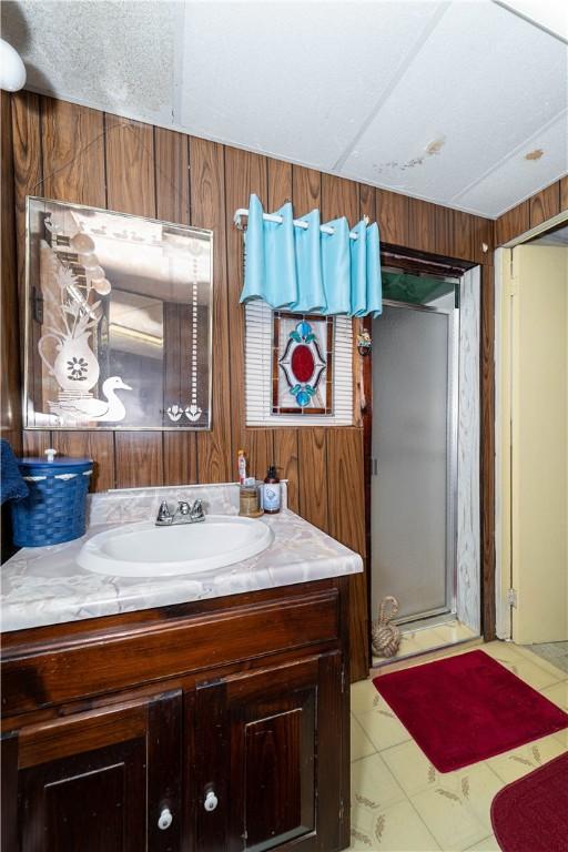 bathroom featuring vanity, wooden walls, and a shower with shower door