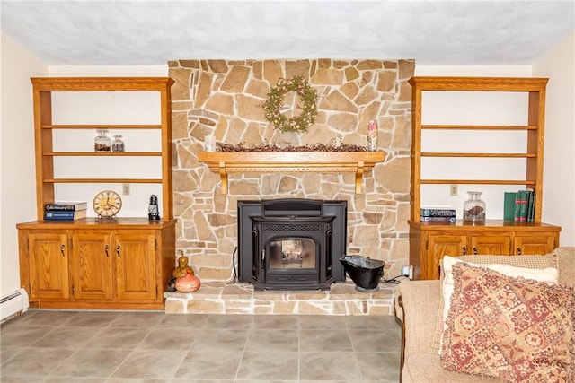 living room featuring a wood stove