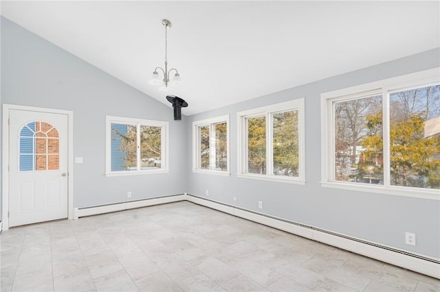 unfurnished sunroom with vaulted ceiling, a baseboard heating unit, and an inviting chandelier