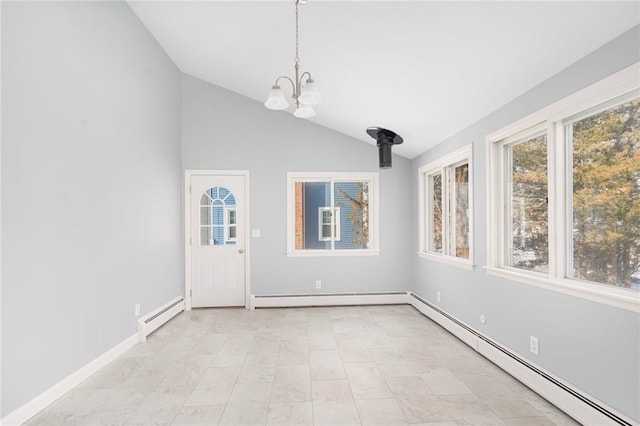 interior space featuring lofted ceiling, an inviting chandelier, and baseboard heating