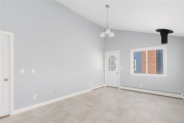 empty room with a baseboard radiator, lofted ceiling, and a notable chandelier