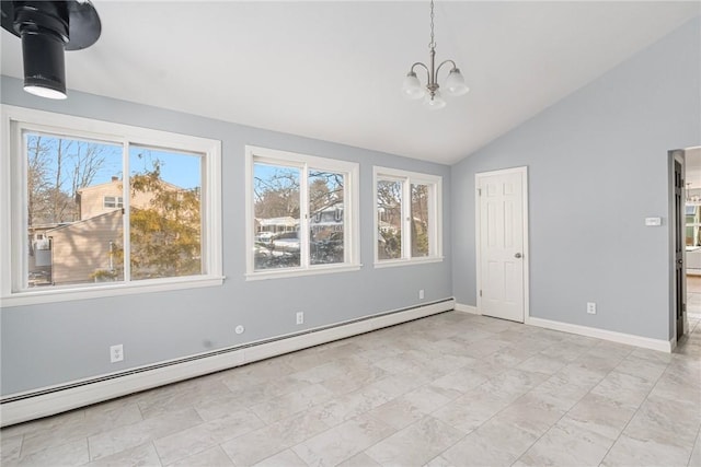 interior space featuring a notable chandelier, vaulted ceiling, and a baseboard heating unit