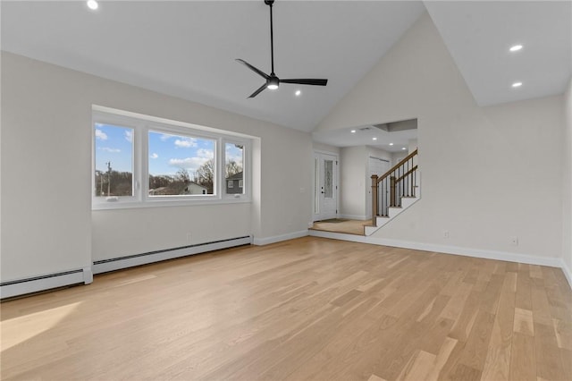 unfurnished living room featuring ceiling fan, high vaulted ceiling, light wood-type flooring, and baseboard heating