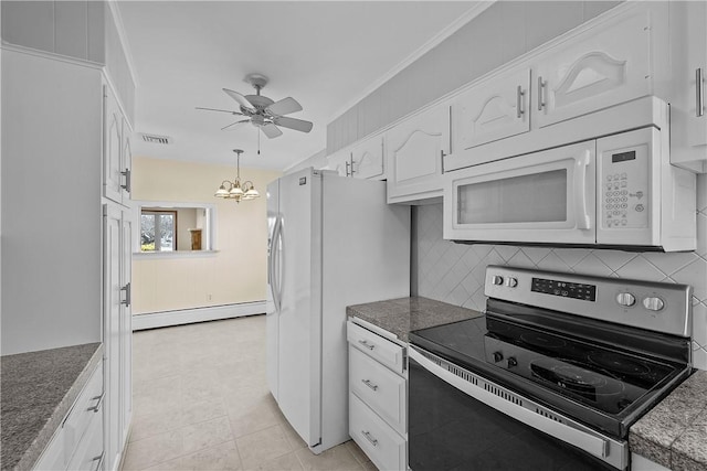 kitchen with pendant lighting, white cabinetry, backsplash, baseboard heating, and white appliances