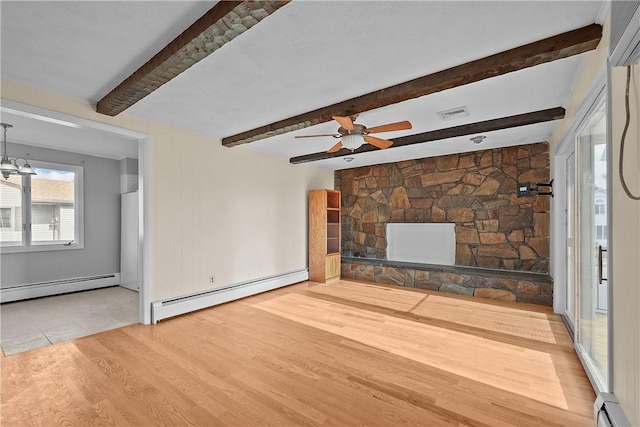 unfurnished living room with hardwood / wood-style flooring, a baseboard radiator, and ceiling fan with notable chandelier