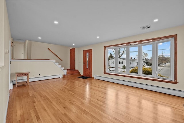 unfurnished living room featuring a baseboard radiator and light hardwood / wood-style floors