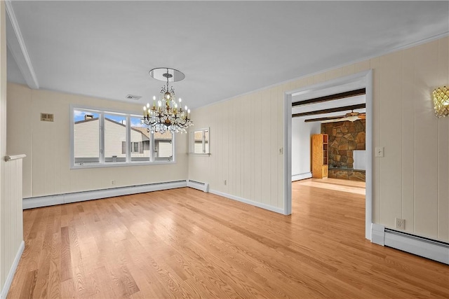 unfurnished dining area with a baseboard heating unit, a notable chandelier, and light hardwood / wood-style floors