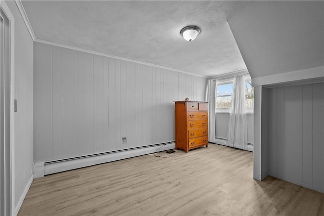 additional living space featuring a baseboard radiator and light hardwood / wood-style floors