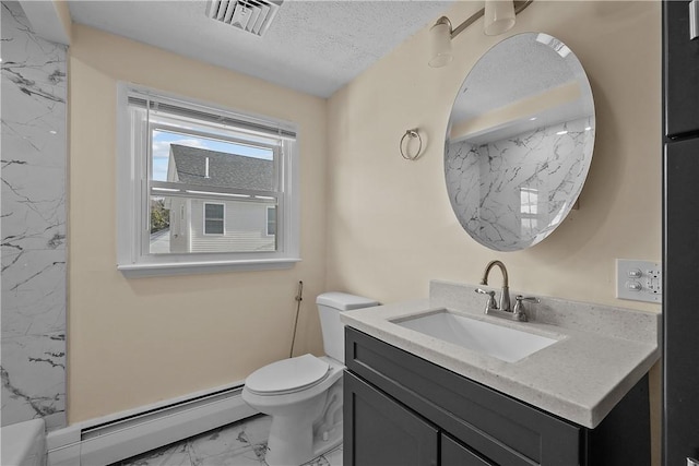 bathroom with a baseboard radiator, vanity, a textured ceiling, and toilet