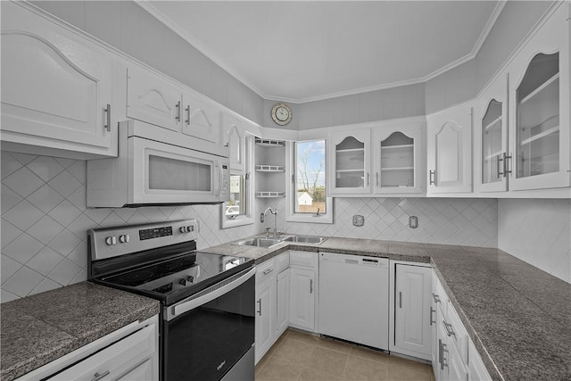 kitchen featuring crown molding, sink, white cabinets, and white appliances