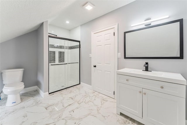 bathroom with vanity, toilet, a shower with shower door, and a textured ceiling