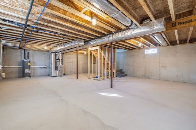 basement with water heater and heating unit