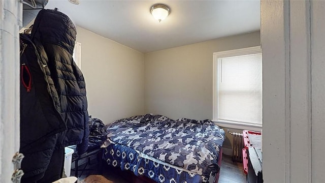 bedroom with dark hardwood / wood-style floors