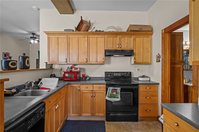 kitchen with ceiling fan, sink, and black appliances