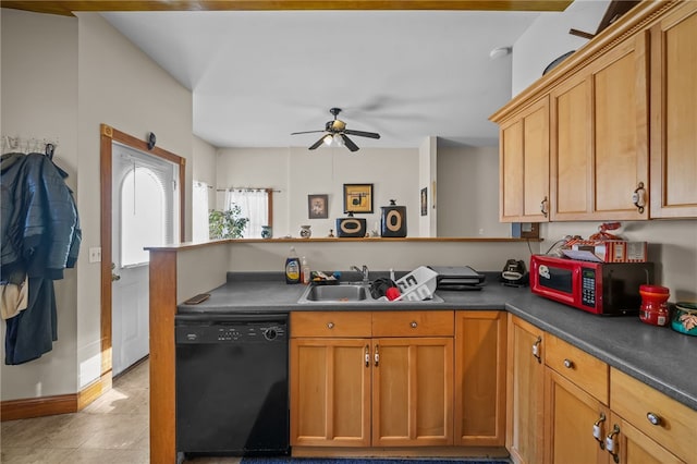 kitchen with dishwasher, sink, light tile patterned floors, ceiling fan, and kitchen peninsula