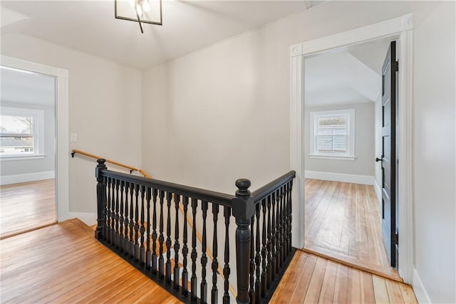 hallway with a healthy amount of sunlight and hardwood / wood-style floors