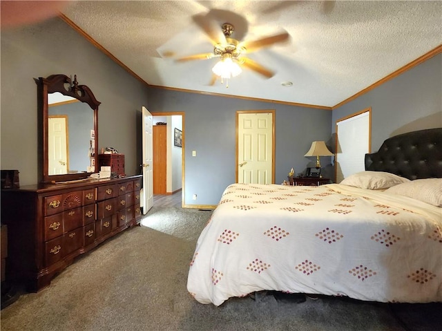 carpeted bedroom with ceiling fan, ornamental molding, and a textured ceiling