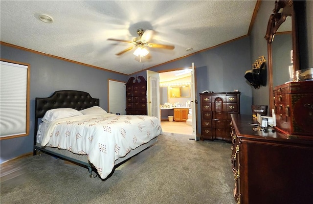 bedroom with crown molding, ceiling fan, carpet flooring, and a textured ceiling