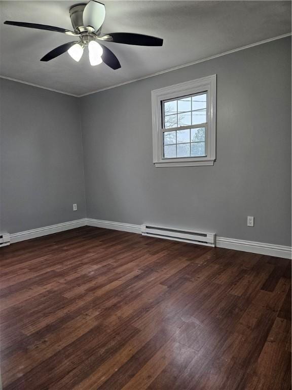 unfurnished room featuring ornamental molding, dark hardwood / wood-style floors, and baseboard heating