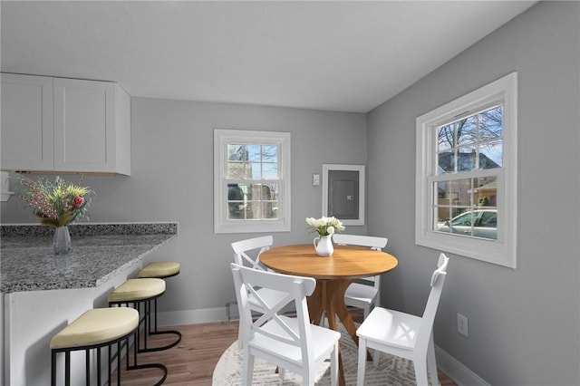 dining space with hardwood / wood-style flooring and electric panel