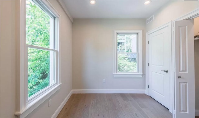 spare room featuring a healthy amount of sunlight and light hardwood / wood-style flooring