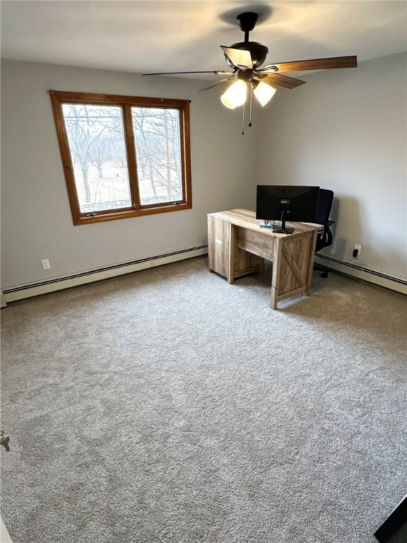 unfurnished office with a baseboard heating unit, ceiling fan, and carpet flooring