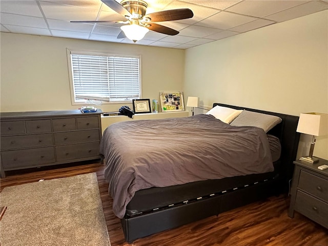 bedroom with dark wood-style floors, a drop ceiling, and a ceiling fan