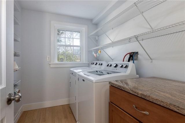 washroom featuring washing machine and dryer and light wood-type flooring