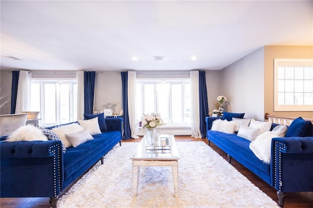 living room featuring a wealth of natural light and dark hardwood / wood-style floors