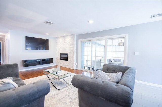 living room with a fireplace and wood-type flooring