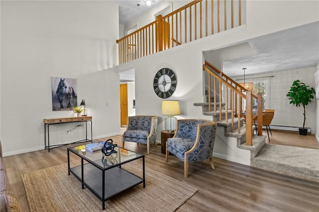 living room featuring hardwood / wood-style floors and a high ceiling