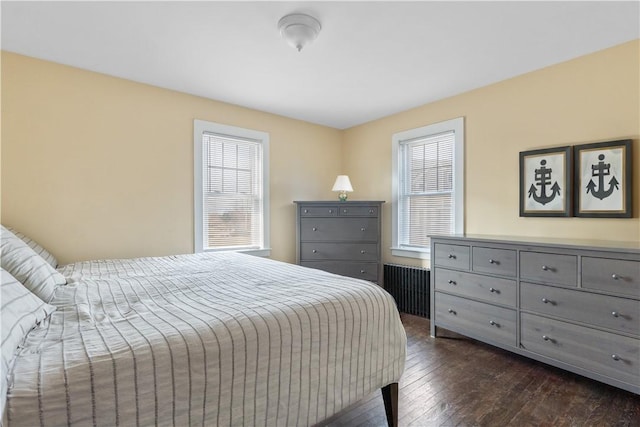 bedroom with dark wood-style flooring and multiple windows