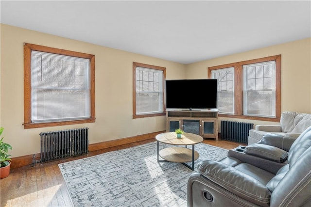 living room featuring radiator, baseboards, and hardwood / wood-style floors