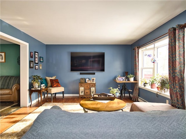 living room featuring a baseboard radiator and light hardwood / wood-style floors