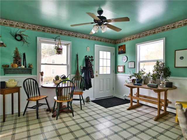 interior space featuring ceiling fan and baseboard heating