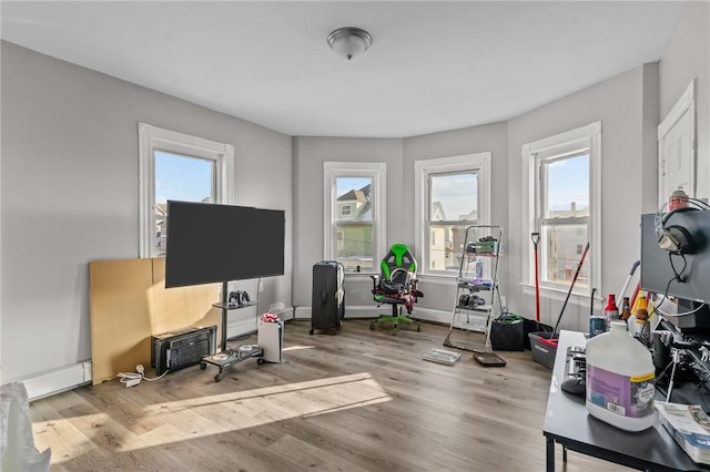 workout room featuring baseboard heating, a healthy amount of sunlight, and light wood-type flooring