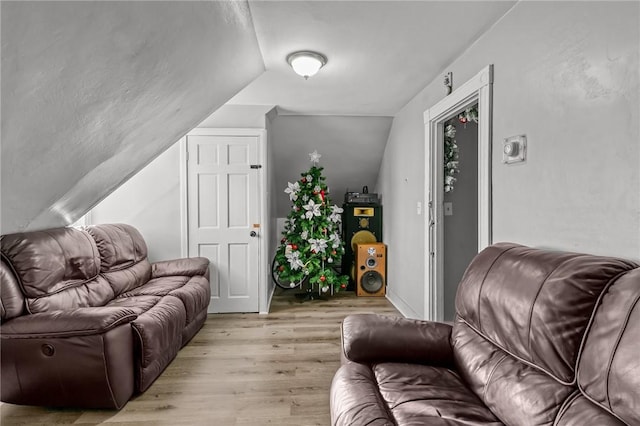 living room with vaulted ceiling and light wood-type flooring