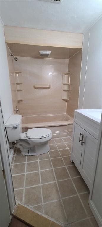 full bathroom with vanity, tub / shower combination, tile patterned floors, and toilet