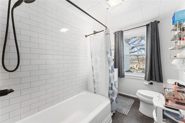 bathroom with shower / bathtub combination with curtain and toilet