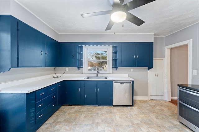 kitchen featuring sink, blue cabinetry, ceiling fan, and appliances with stainless steel finishes