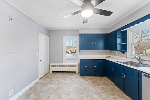 kitchen featuring a healthy amount of sunlight, stainless steel dishwasher, radiator heating unit, and sink