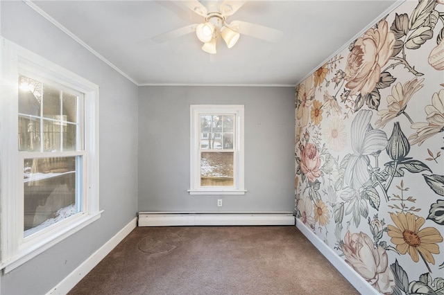 unfurnished room with baseboard heating, ceiling fan, crown molding, and dark carpet