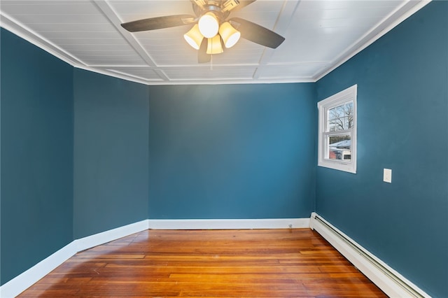 unfurnished room with ceiling fan, hardwood / wood-style floors, and baseboard heating